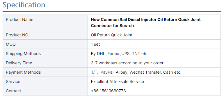 Injector Oil Return Quick Joint